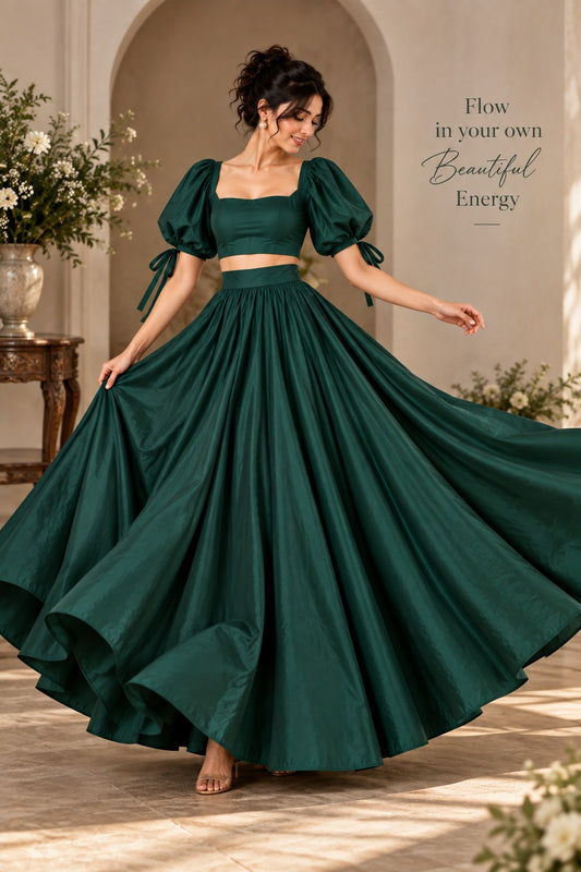 Emerald Green Crop Top & Floor Length Skirt Set for Women