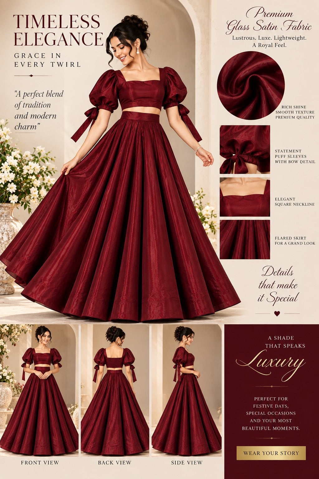 Maroon Women’s Crop Top Long Skirt | Wedding & Party Wear