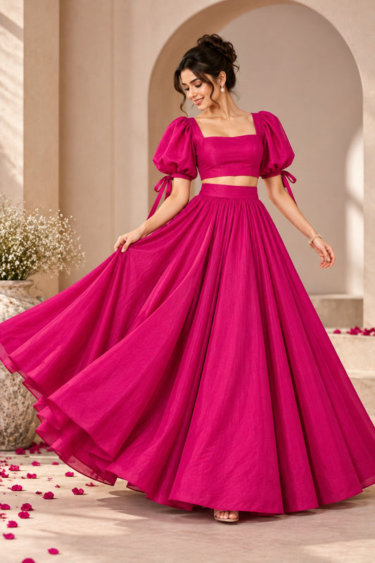 Magenta Crop Top Skirt Set | Women’s Festive & Party Wear