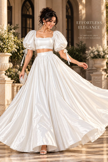 Women’s White Glass Satin Skirt Set | Elegant Occasion Wear