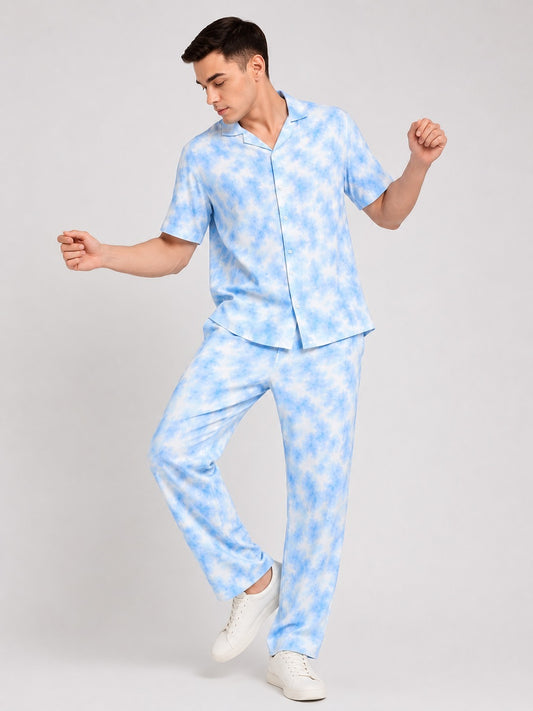 Men’s Blue & White Cloud Tie-Dye Set | Cotton Casual Wear