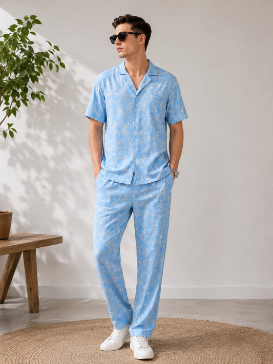 Men’s Light Blue Floral Co-ord Set | Cotton Ditsy Print Outfit