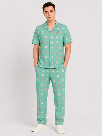 Men’s Sea Green Cotton Co-ord Set | Cartoon Printed Casual Wear