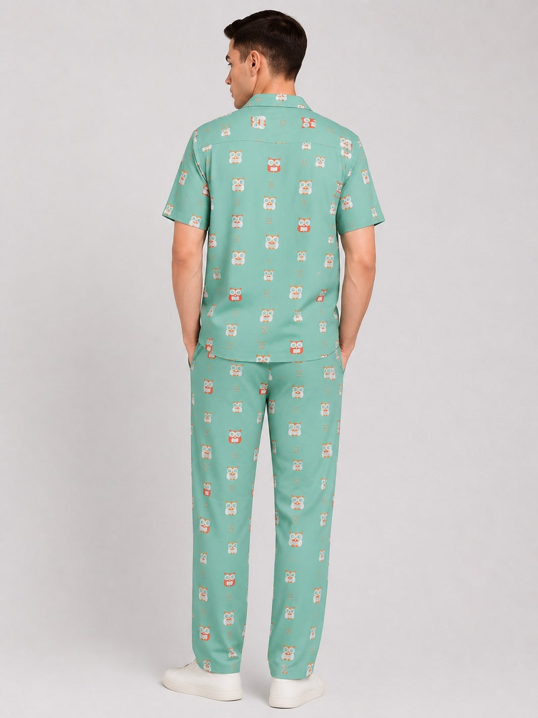 Men’s Sea Green Cotton Co-ord Set | Cartoon Printed Casual Wear