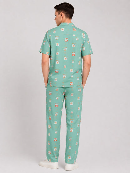 Men’s Sea Green Cotton Co-ord Set | Cartoon Printed Casual Wear