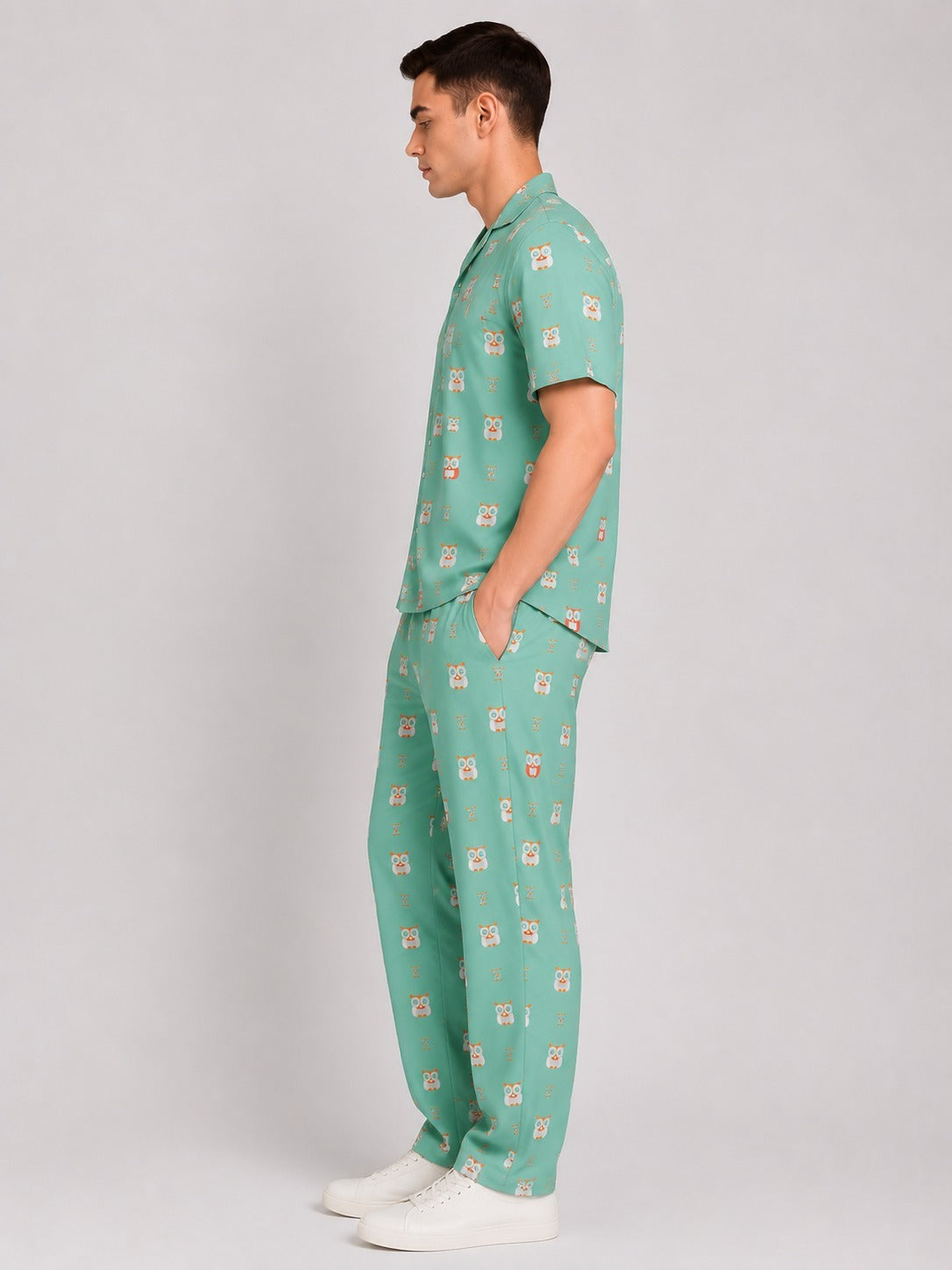 Men’s Sea Green Cotton Co-ord Set | Cartoon Printed Casual Wear