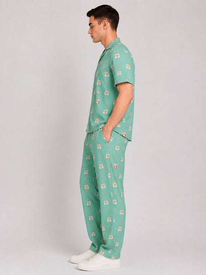 Men’s Sea Green Cotton Co-ord Set | Cartoon Printed Casual Wear