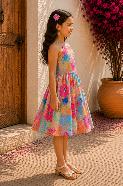 Girls Multicolor Floral Cotton Frock | Pink Orange Blue Dress