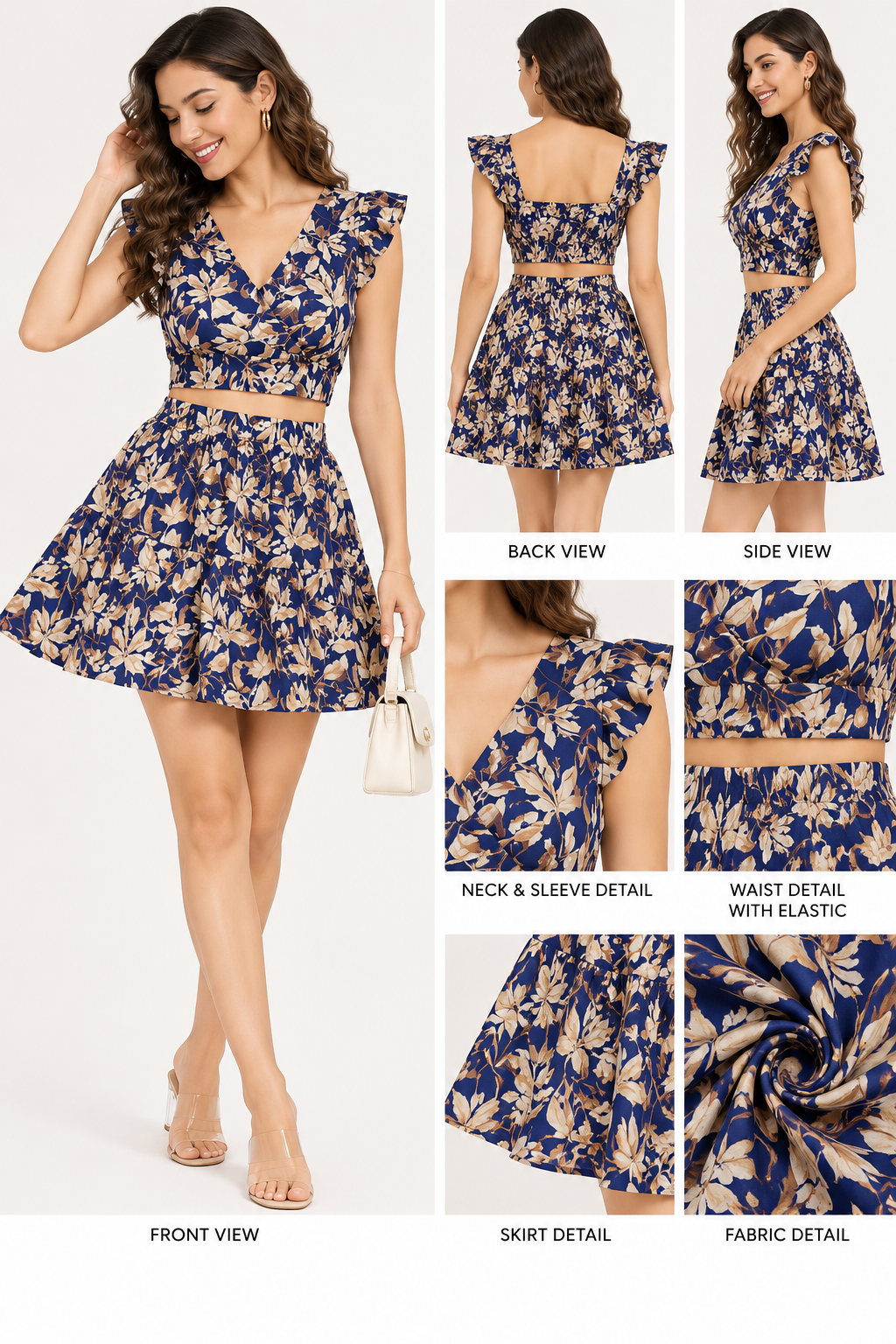 Indigo Navy Cotton Co-Ord Set for Women | Botanical Crop Top & Skirt
