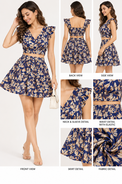 Indigo Navy Cotton Co-Ord Set for Women | Botanical Crop Top & Skirt