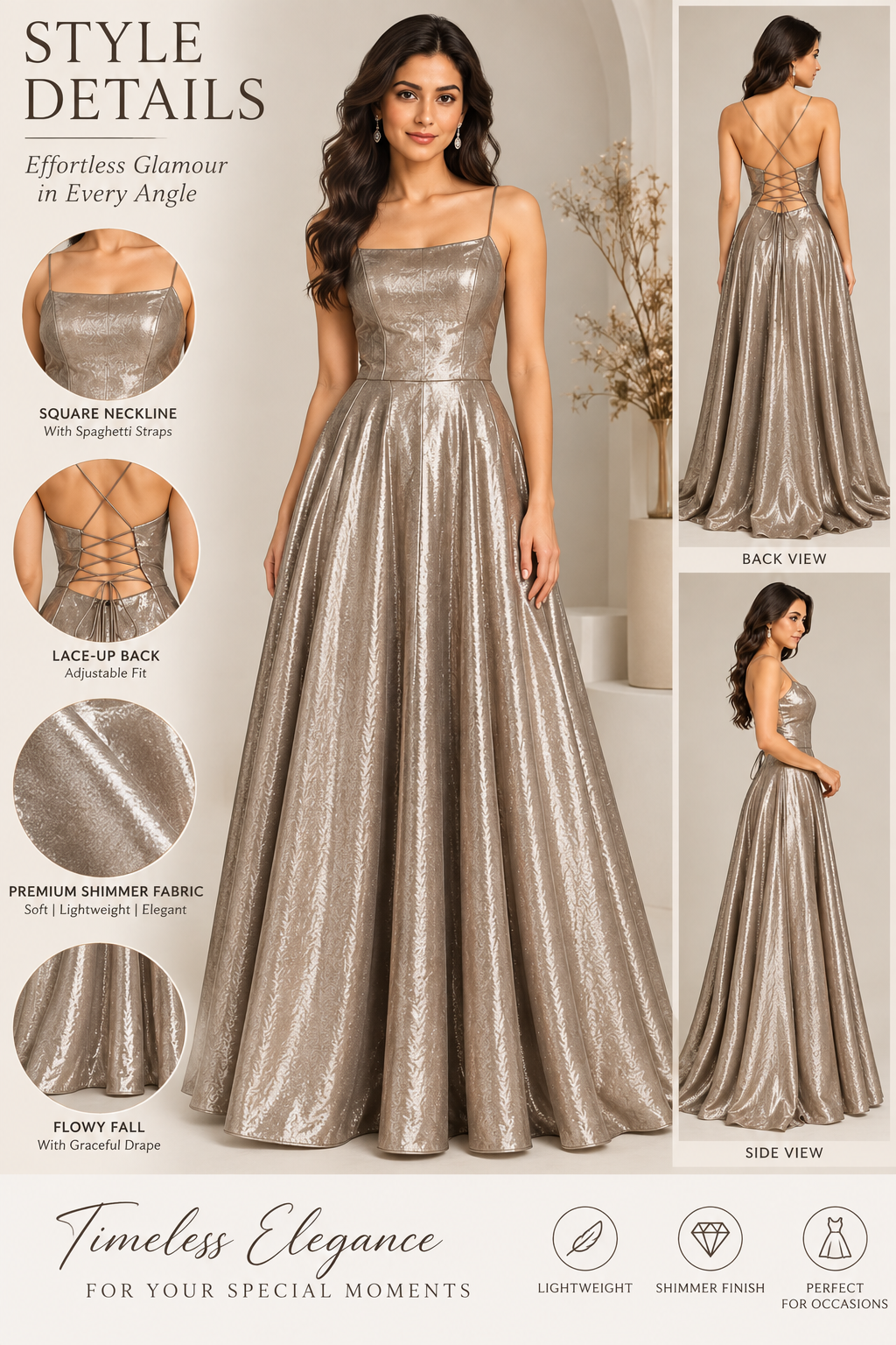 Champagne Gold Shimmer Gown for Women | Wedding & Party Wear