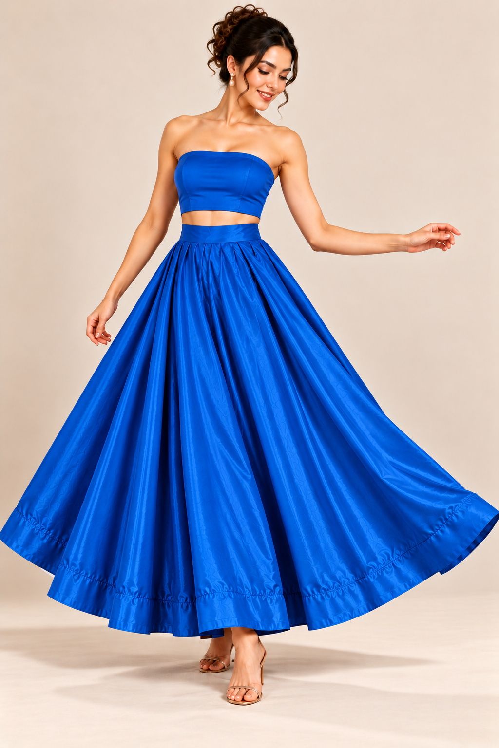 Women’s Royal Blue Satin Lehenga Skirt with Embellished Crop Top