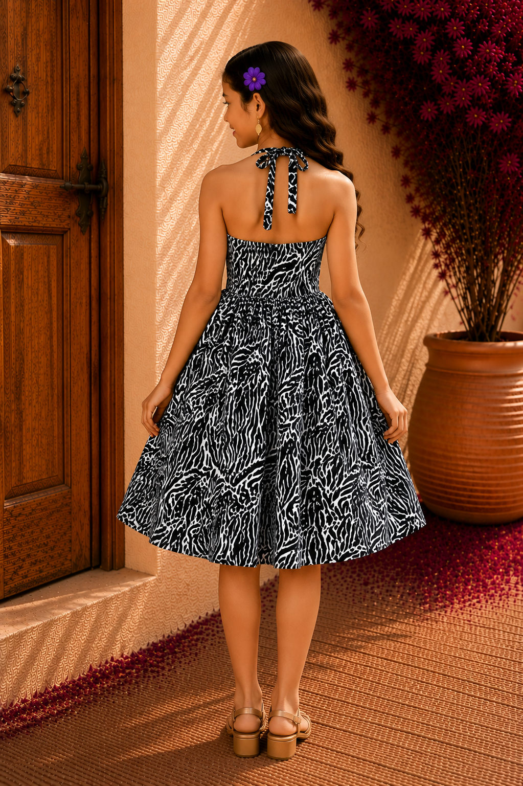 Girls Black &amp; White Printed Sleeveless Halter Neck Fit &amp; Flare Dress