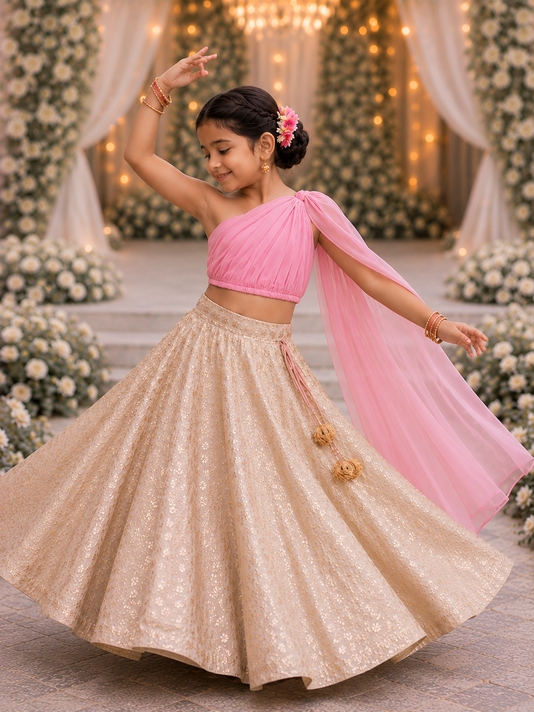 Girls' Pink One Shoulder Lehenga Choli Set