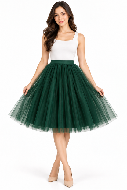 Emerald Green Knee Length Skirt for Women | Net Party Wear Skirt