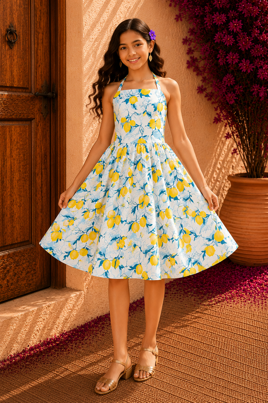 White Cotton Frock for Girls | Stylish Yellow & Blue Pattern