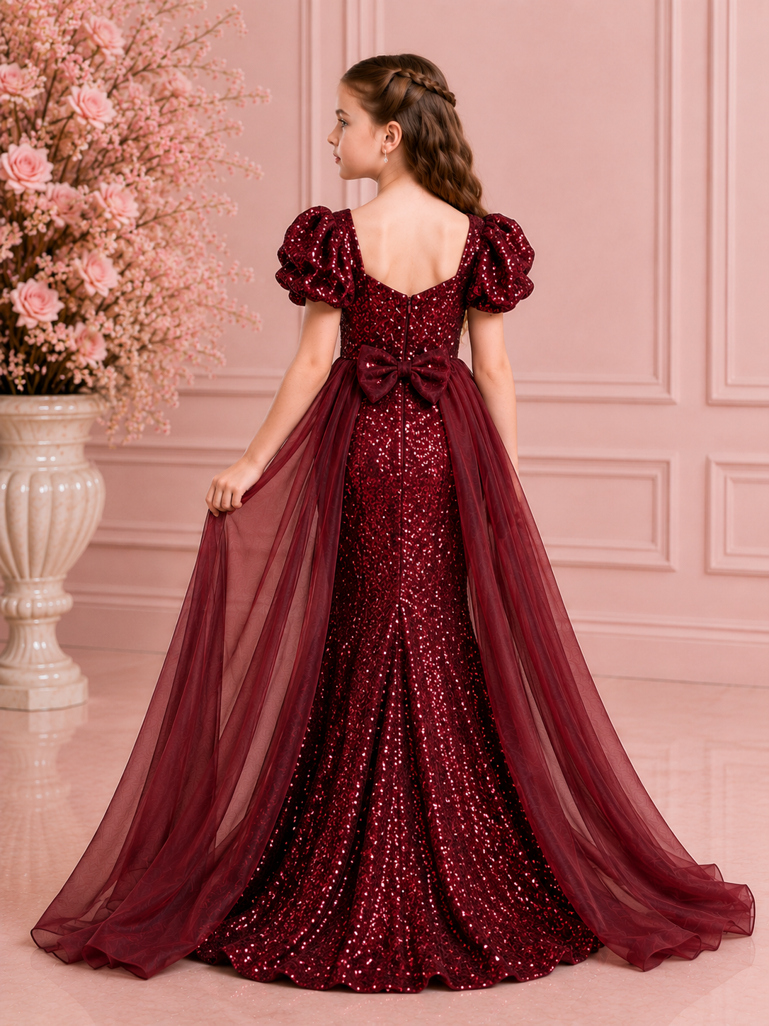 Royal Burgundy Sequin Mermaid Gown with Detachable Cape