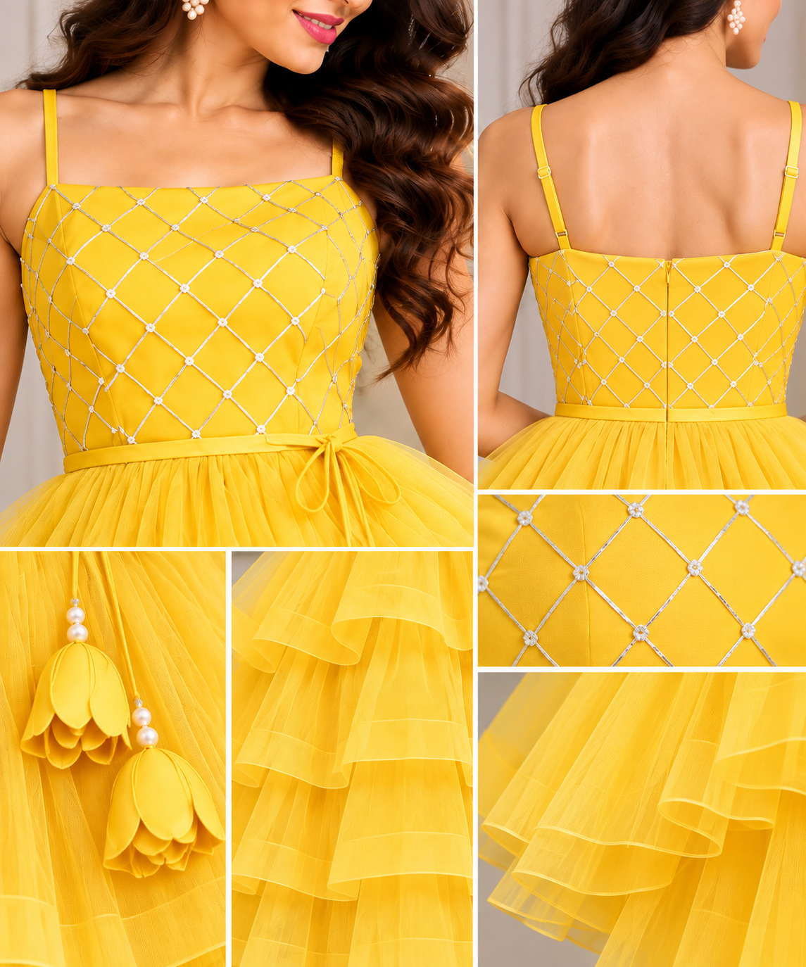 Yellow 3 Layer Knee Length Dress for Women | Net Fabric Party Wear