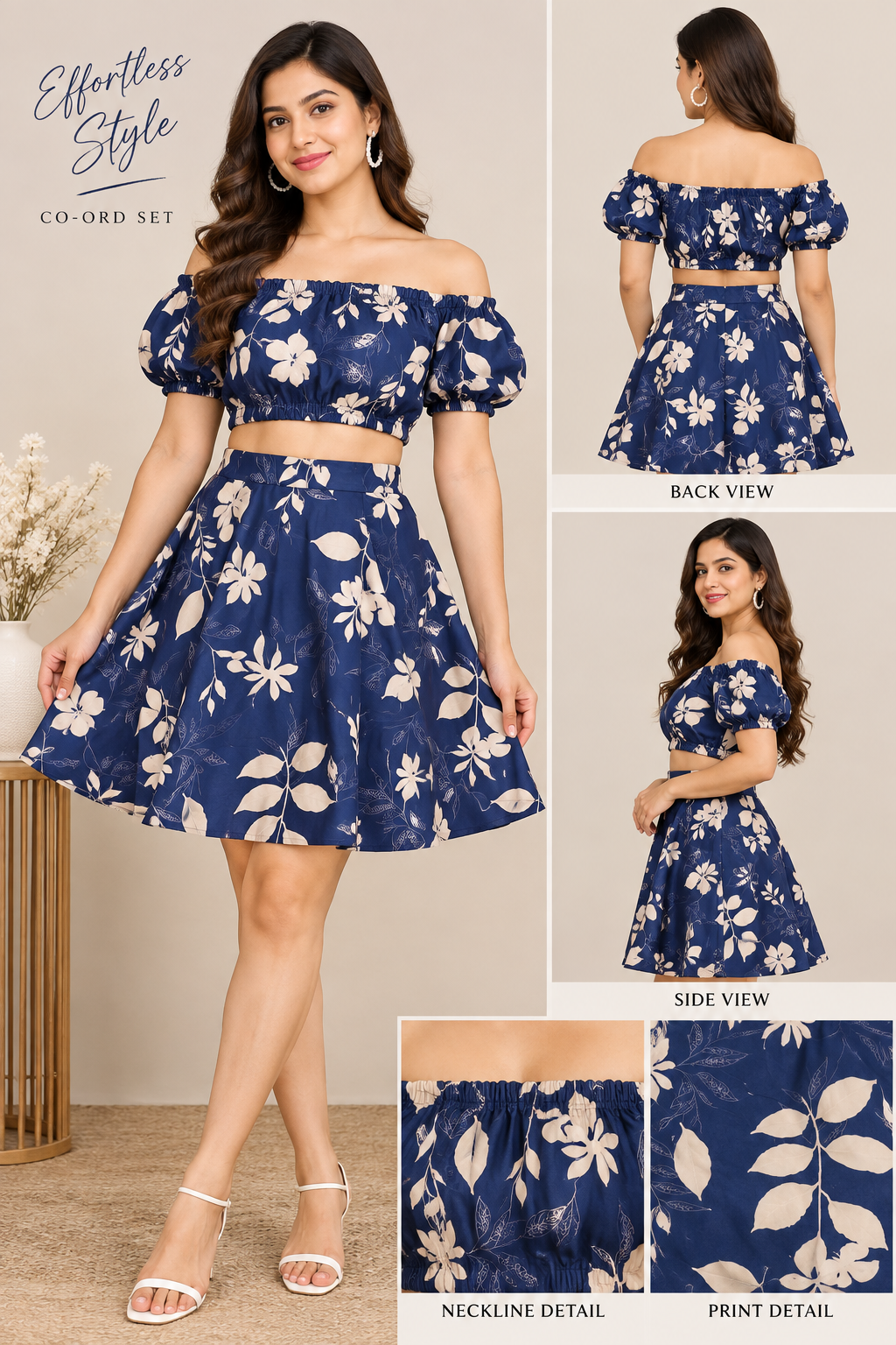 Navy Blue Crop Top Skirt Set for Women | Cotton Co-Ord Outfit