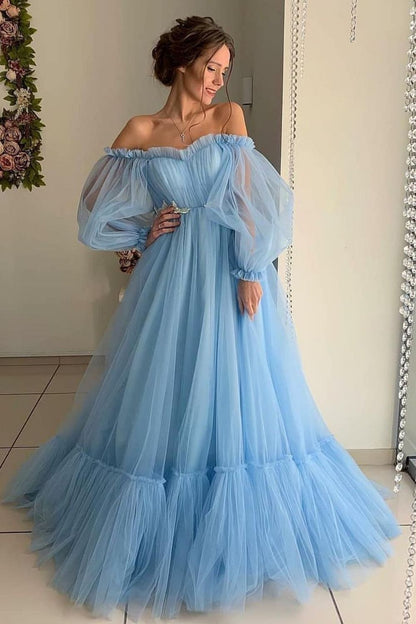 Women’s Luxury Sky Blue Off-Shoulder Tulle Ball Gown with Puff Sleeves