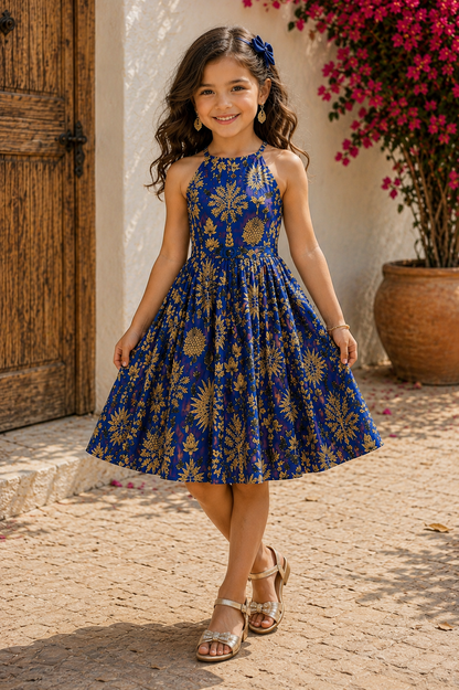 Metallic Gold Pattern Cotton Frock for Girls | Deep Blue Dress