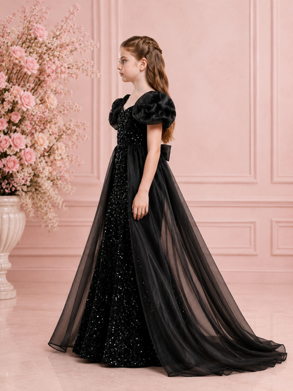 Midnight Noir Sequin Mermaid Gown with Detachable Organza Cape