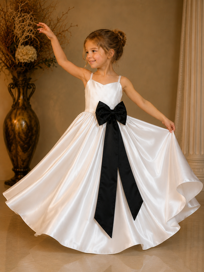 Ivory Elegance Satin Princess Gown with Statement Black Bow