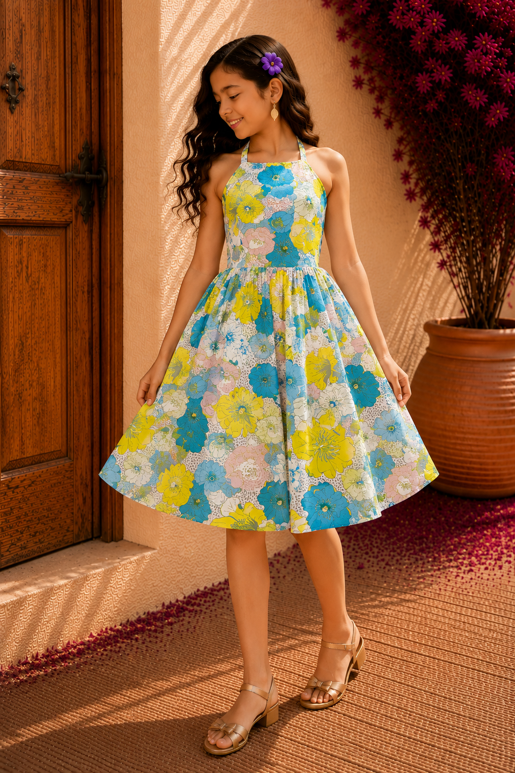White & Gray Cotton Frock for Girls | Lime Blue Pink Floral Dress