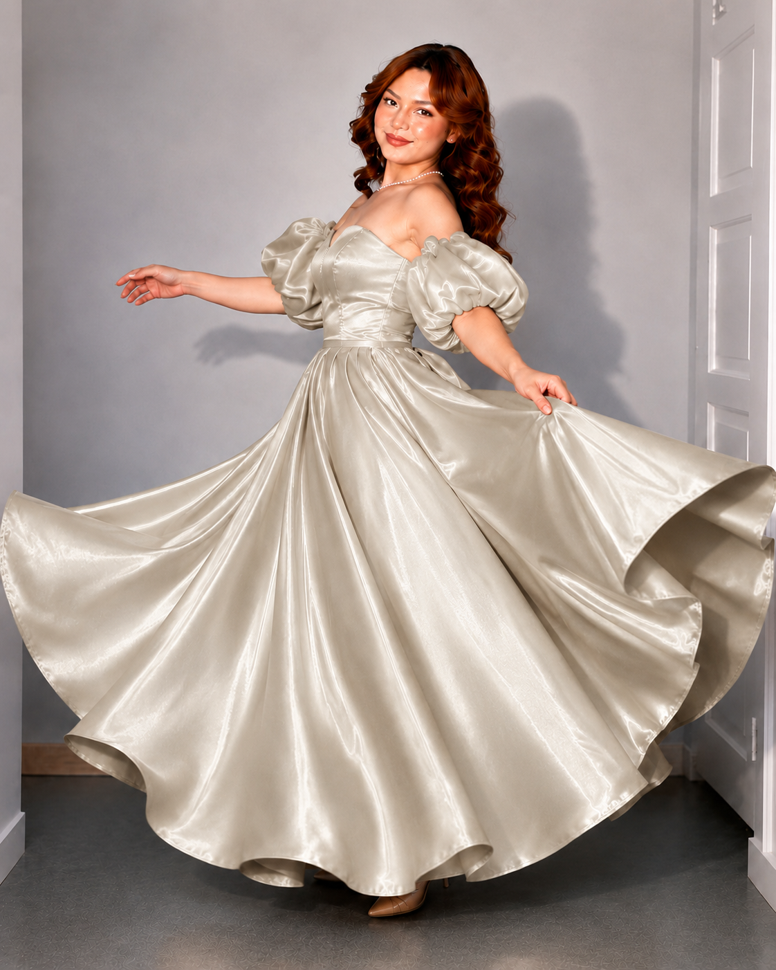 Ivory Satin Off-Shoulder Puff Sleeve Maxi Gown