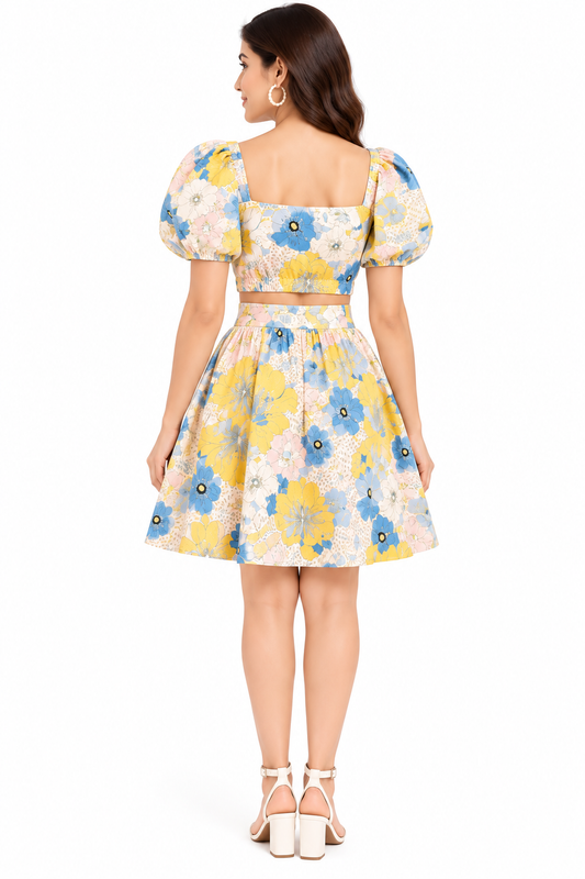 Pastel Floral Crop Top & Skirt Set for Women | White Cotton Co-Ord