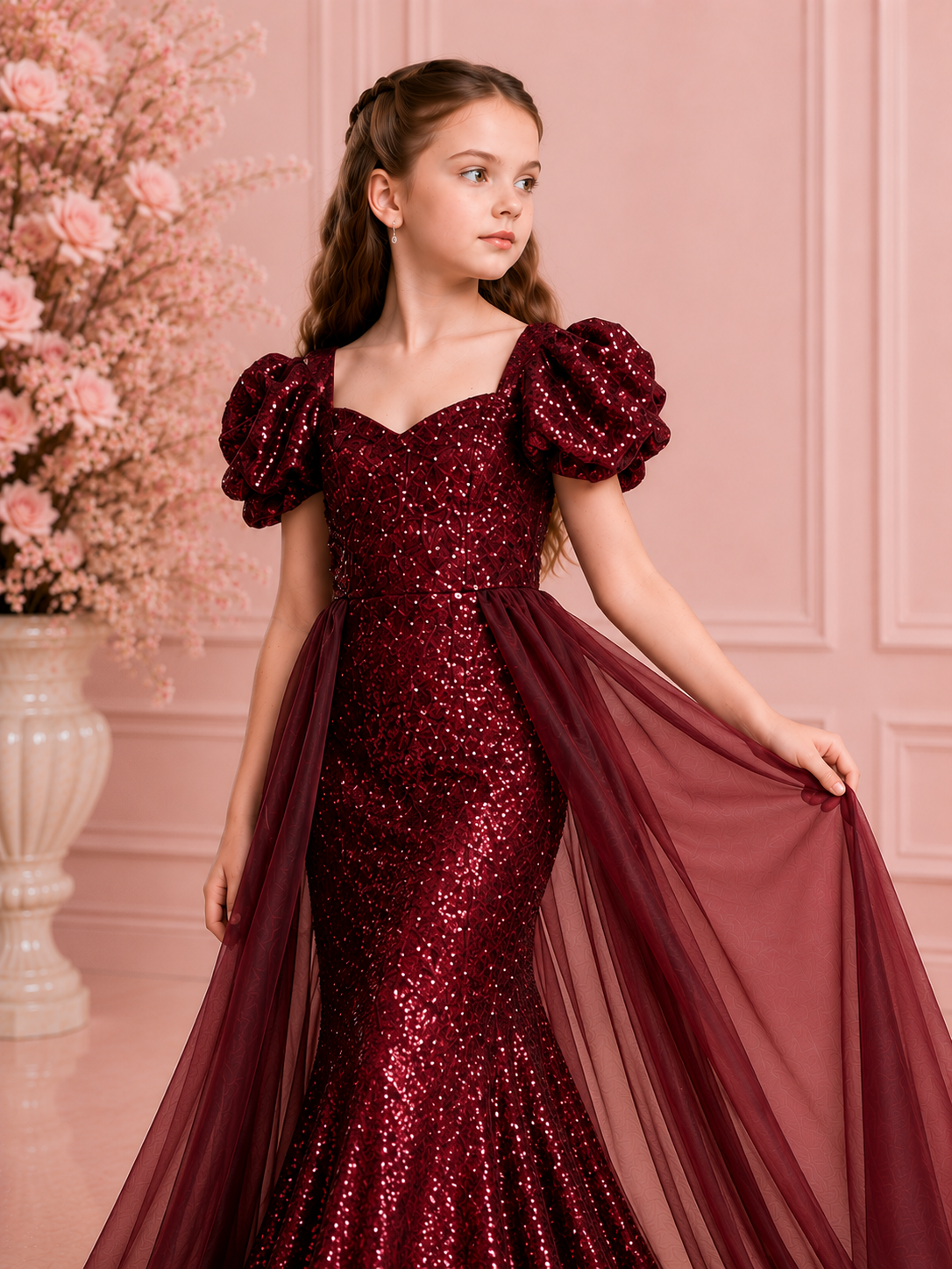 Royal Burgundy Sequin Mermaid Gown with Detachable Cape