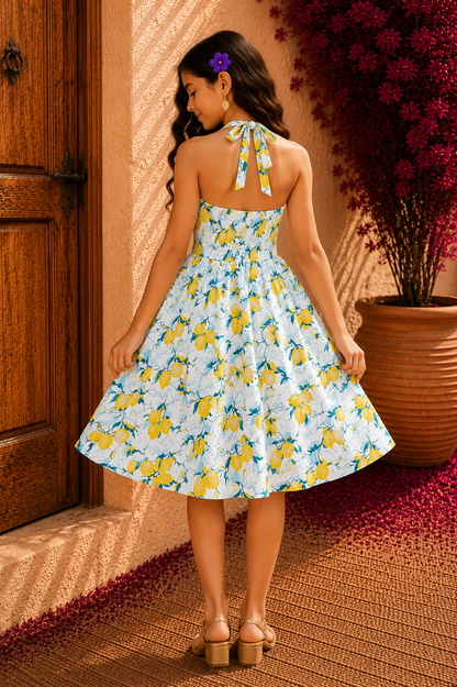 White Cotton Frock for Girls | Stylish Yellow & Blue Pattern