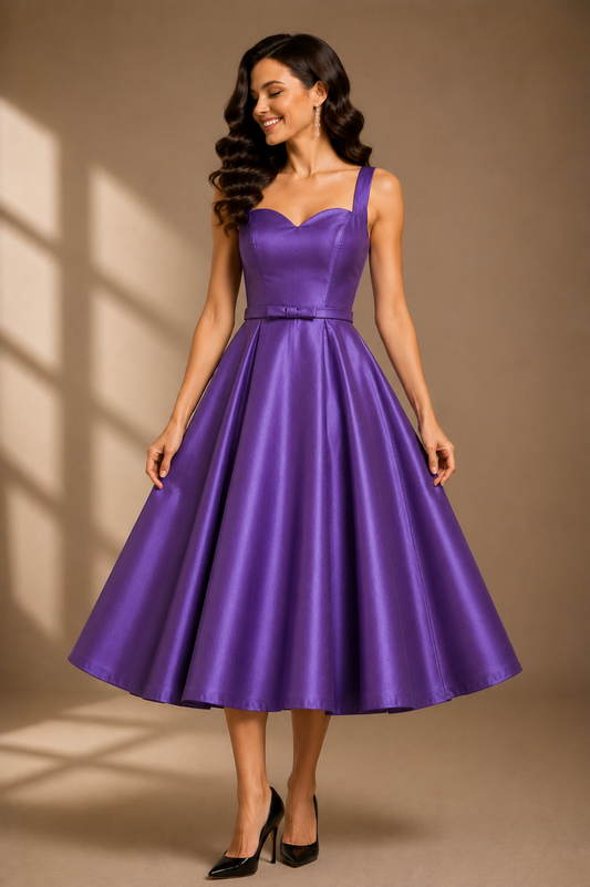 Women's Royal Purple Satin Fit & Flare Midi Dress | Sweetheart Neck A-Line Party Wear Dress