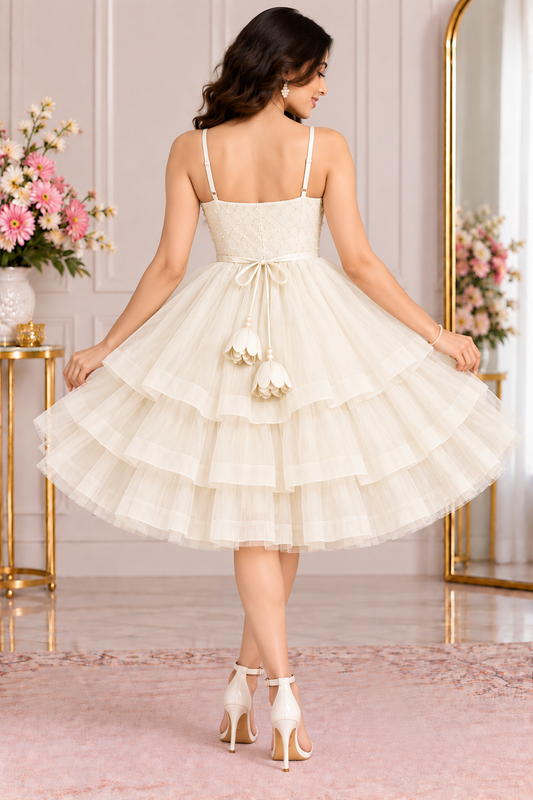 Women’s White Net Fabric 3-Layer Knee-Length Dress | Party Wear