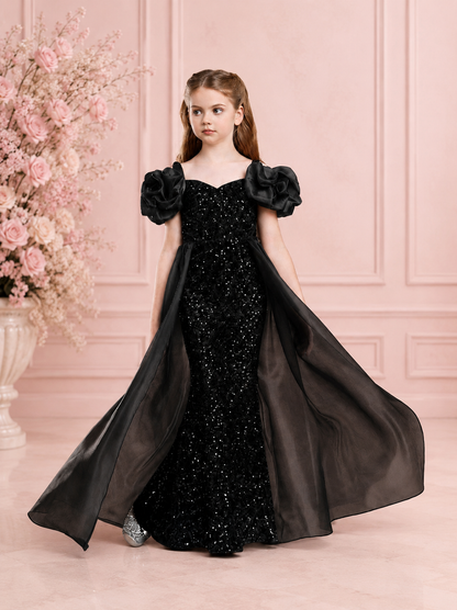 Midnight Noir Sequin Mermaid Gown with Detachable Organza Cape