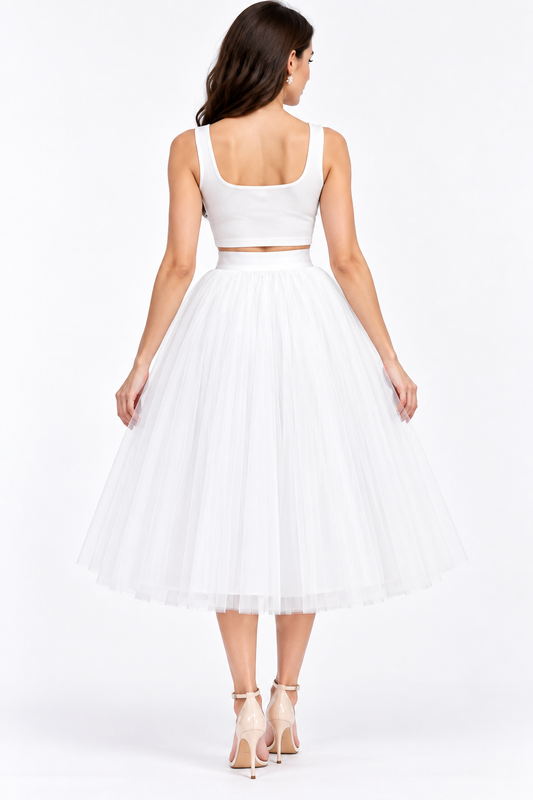 Women’s White Net Knee Length Skirt | Party & Occasion Wear