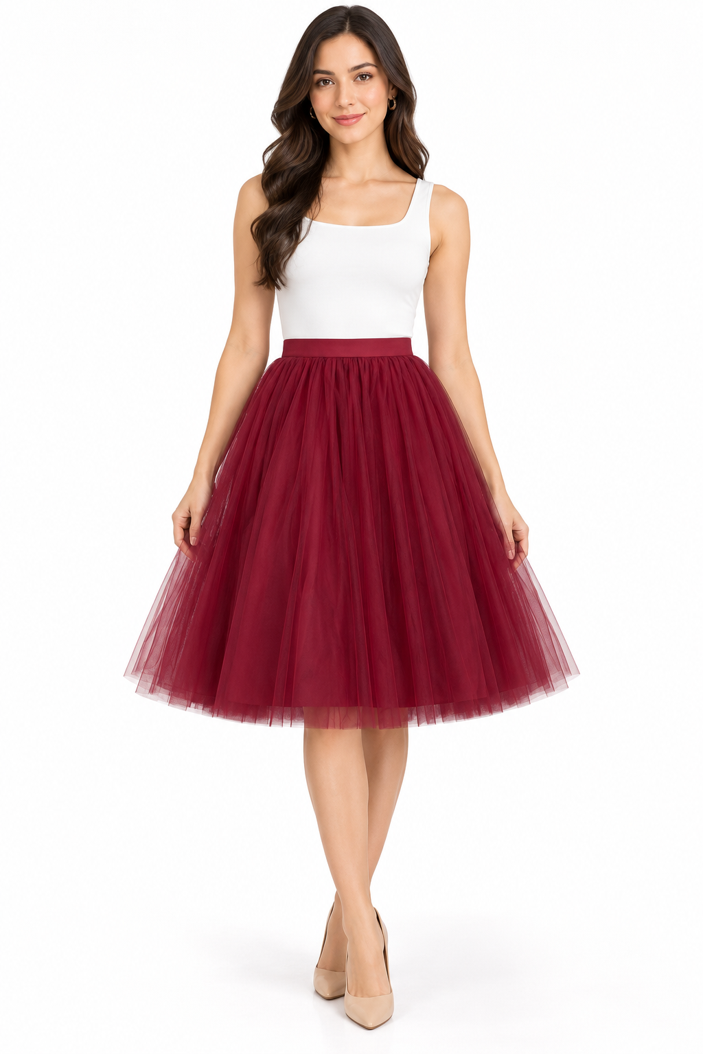 Maroon Knee Length Skirt for Women | Net Party Wear Skirt