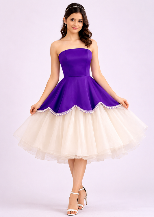 Women's Royal Purple Strapless Fit & Flare Midi Dress | Pearl Trim Layered Tulle Party Dress