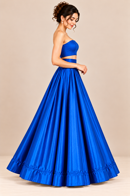 Women’s Royal Blue Satin Lehenga Skirt with Embellished Crop Top