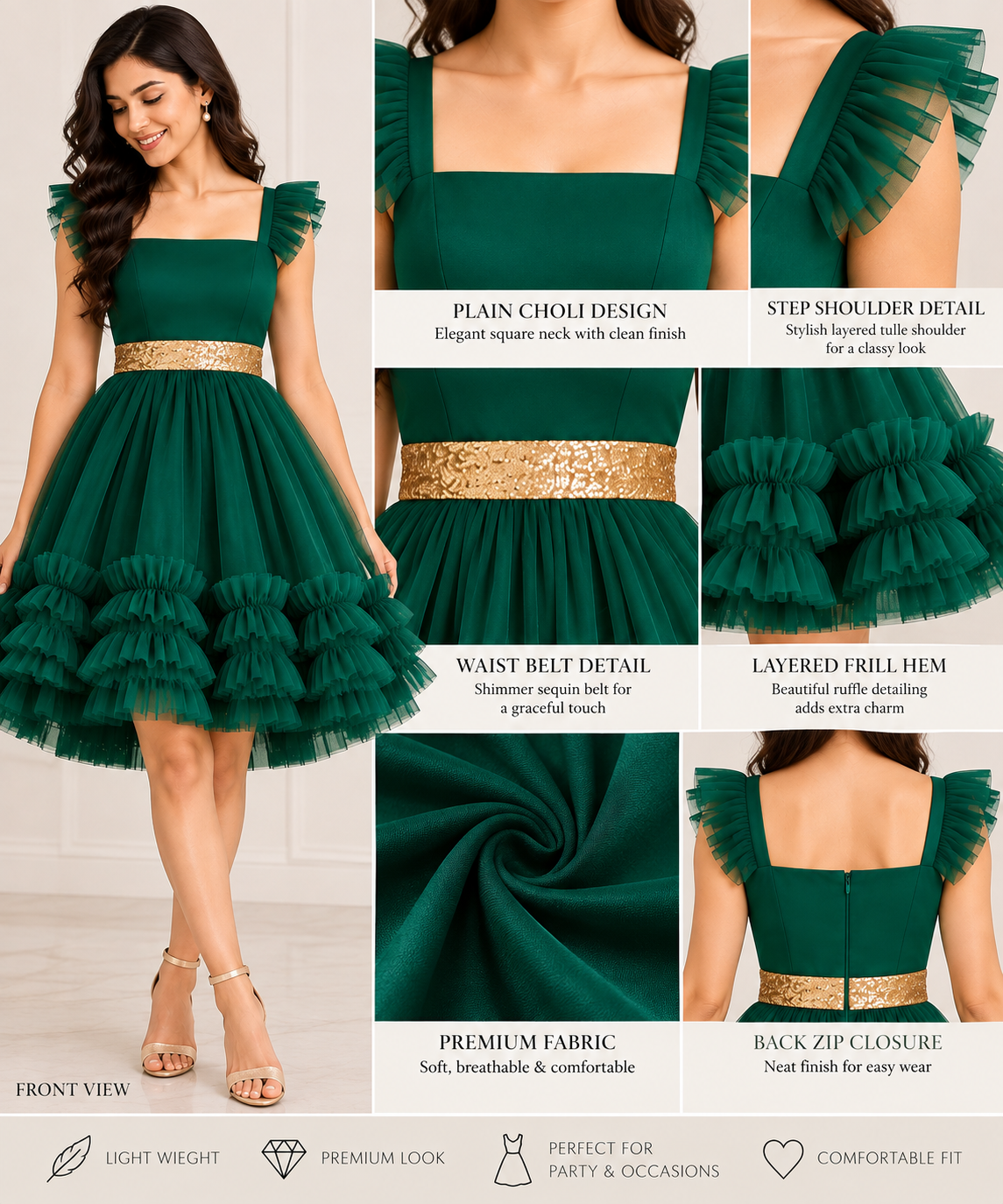 Emerald Green Knee Length Dress for Women | Net Fabric Party Wear