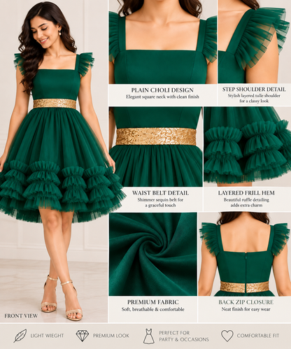 Emerald Green Knee Length Dress for Women | Net Fabric Party Wear