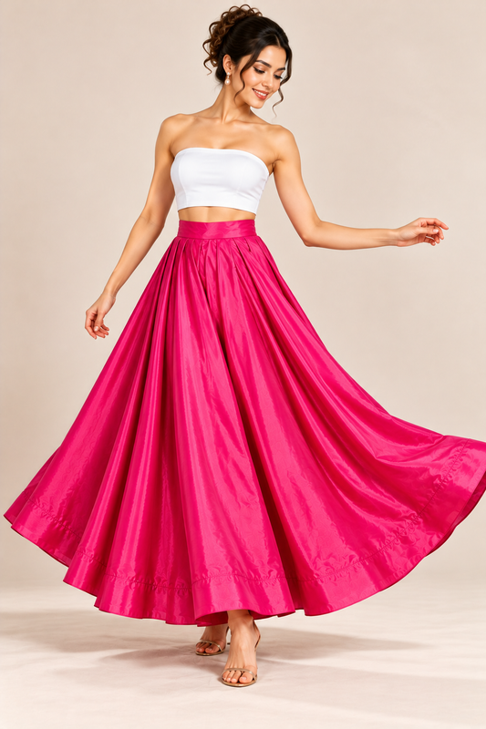 Women’s Hot Pink Glass Satin Flared Maxi Skirt | High-Waist Pleated Full-Length Party Wear Skirt