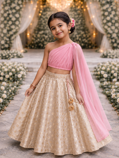 Girls' Pink One Shoulder Lehenga Choli Set