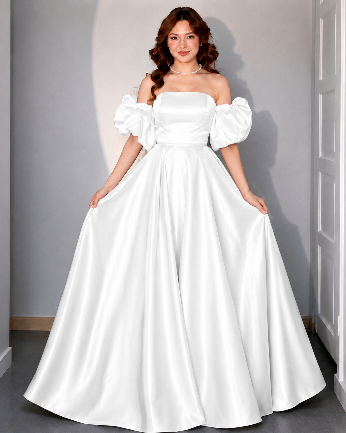 Women’s White Satin Off-Shoulder Puff Sleeve Flared Maxi Gown