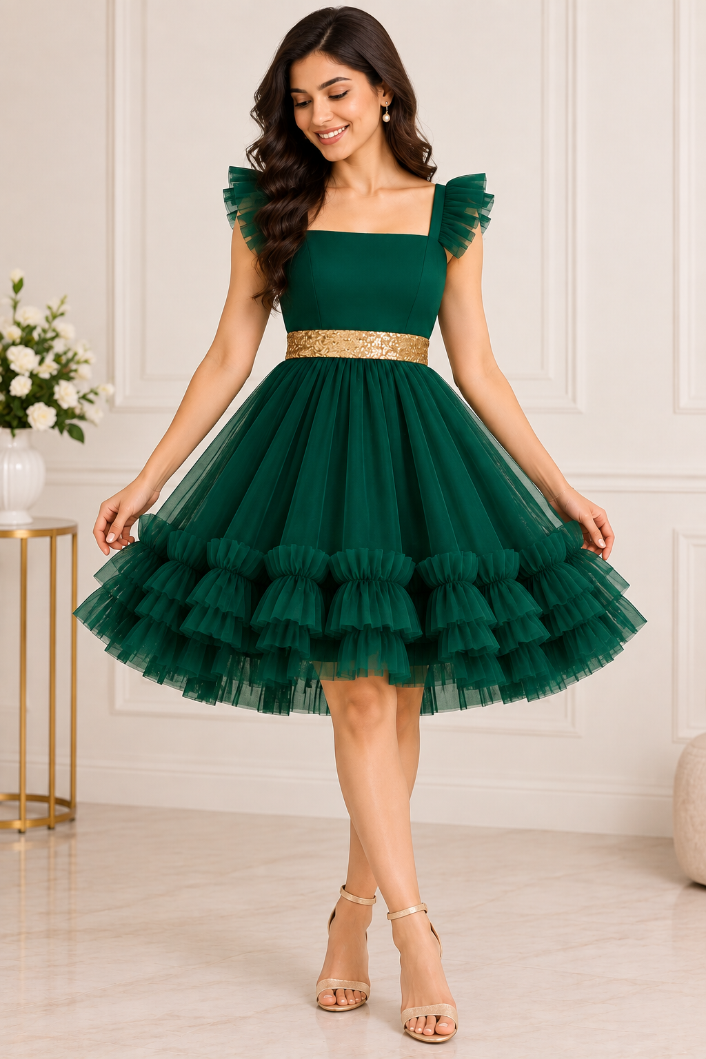 Emerald Green Knee Length Dress for Women | Net Fabric Party Wear
