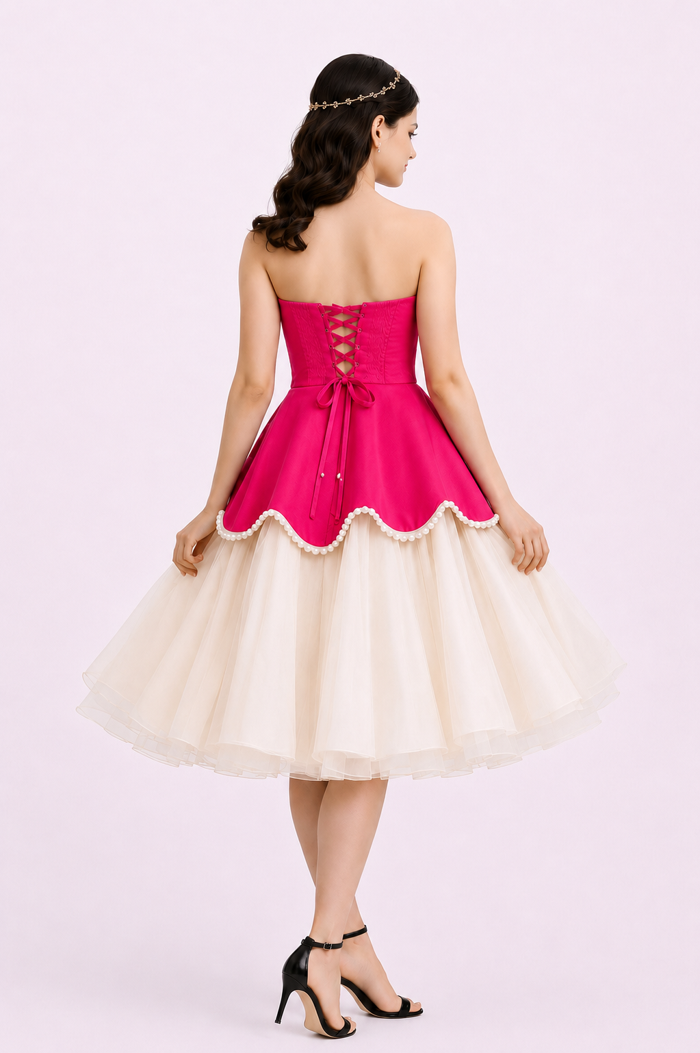 Women's Hot Pink Strapless Fit & Flare Midi Dress | Pearl Trim Layered Tulle Party Dress
