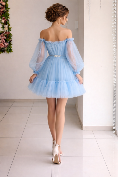 Women’s Dreamy Sky Blue Tulle Off-Shoulder Party Mini Dress