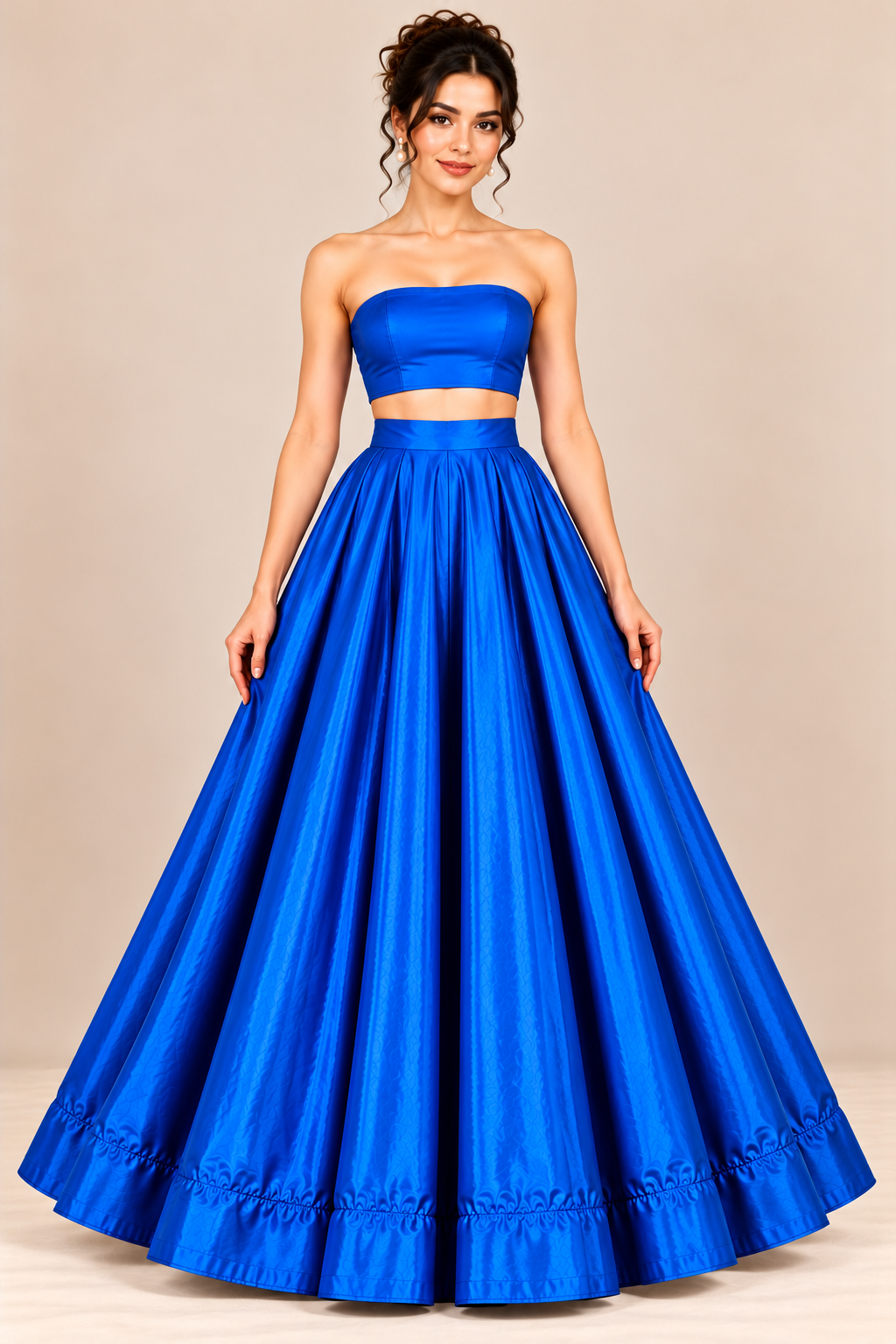 Women’s Royal Blue Satin Lehenga Skirt with Embellished Crop Top