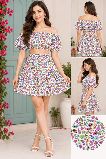Multicolor Crop Top Skirt Set for Women | Cotton Co-Ord Outfit