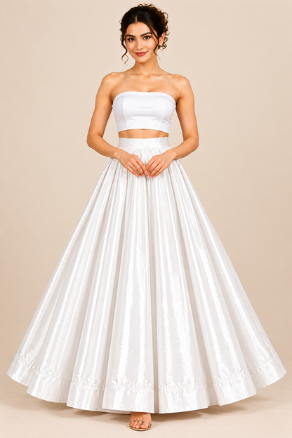 Women’s White Glass Satin Flared Maxi Skirt | High-Waist Pleated Full-Length Party Wear Skirt